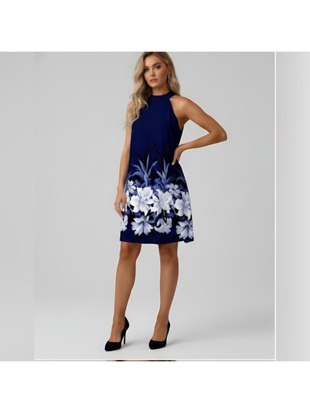 Boho Floral Print A-Line Halterneck Dress Blue